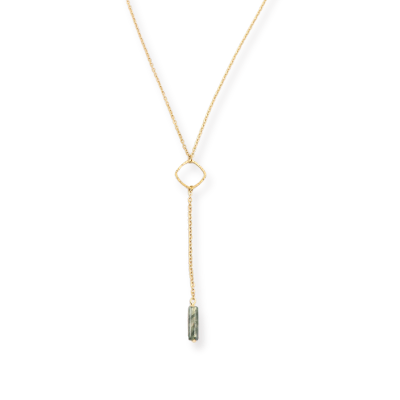Collier Y losange et tube agate verte