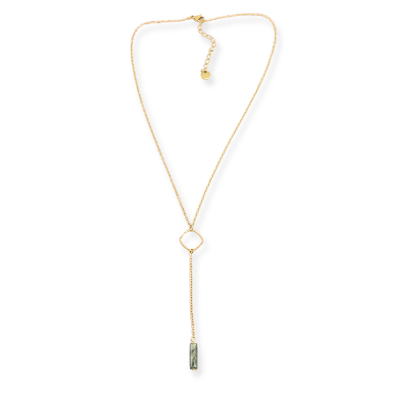 Collier Y losange et tube agate verte
