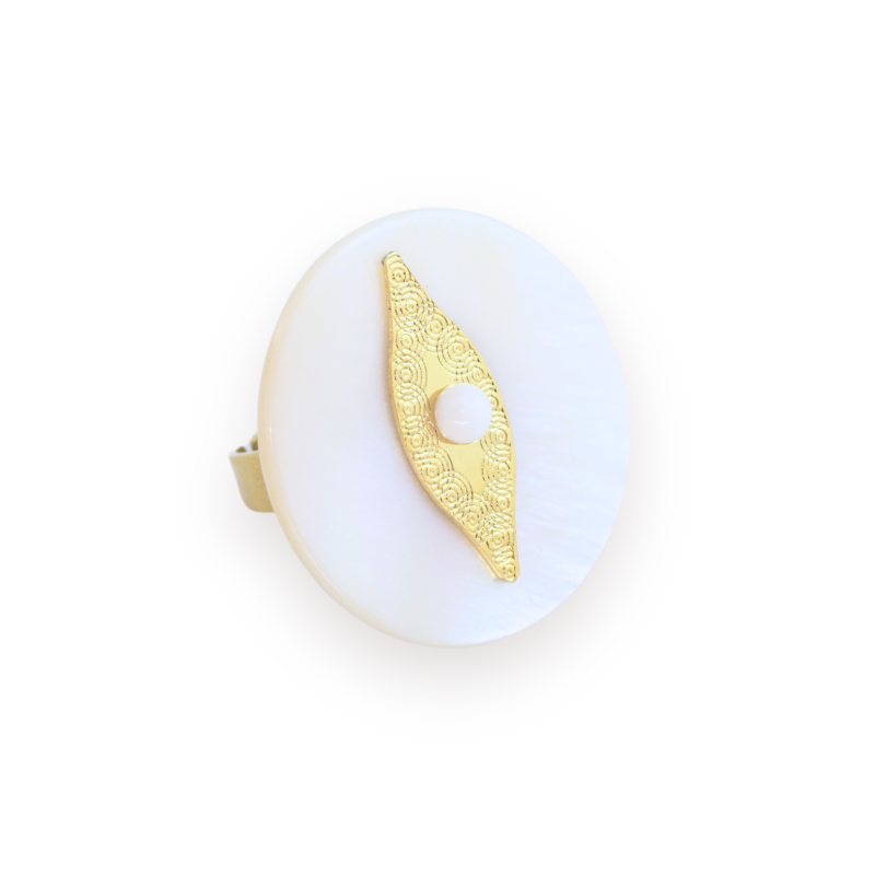 Bague ronde nacre feuille acier doré