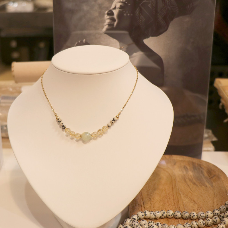 Collier amazonite, citrine et jaspe dalmatien