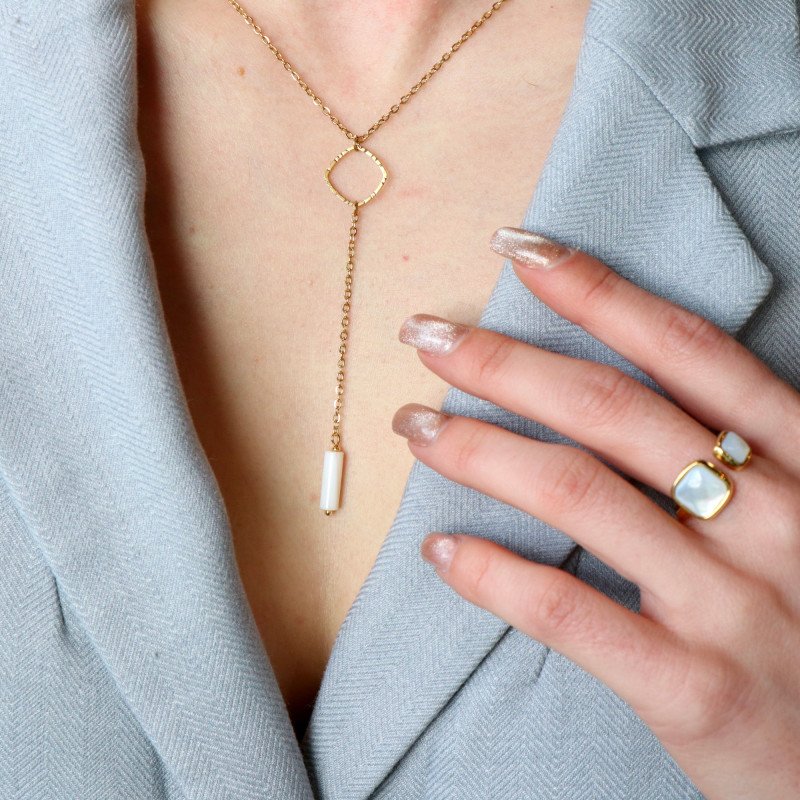 Collier Y losange et tube nacre
