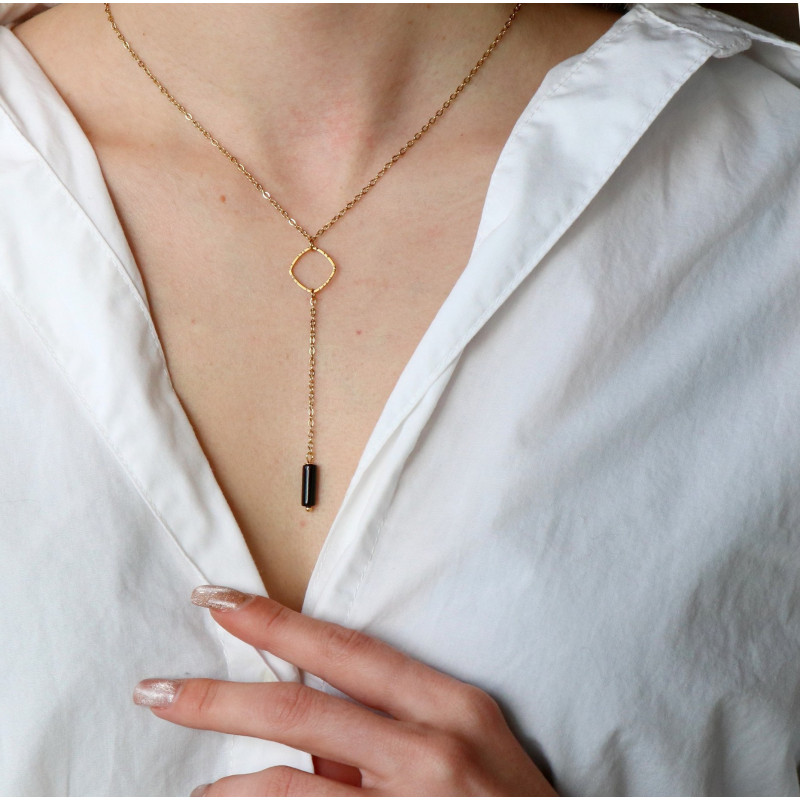 Collier Y losange et tube onyx
