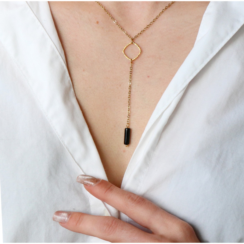 Collier Y losange et tube onyx