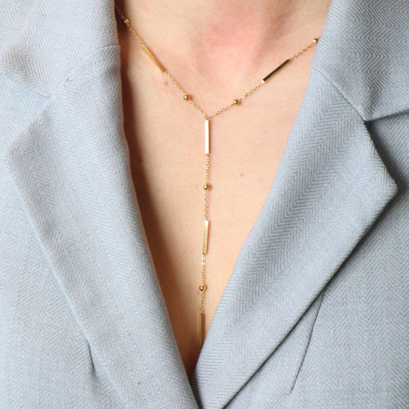 Collier Y rectangle acier doré