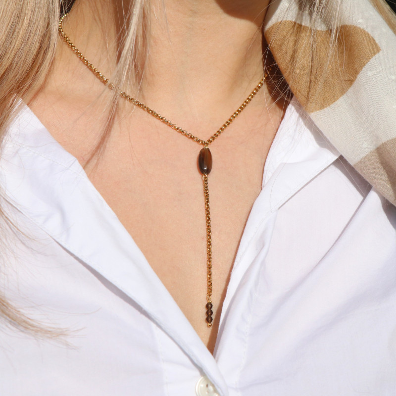 Collier Y quartz fumé ovale
