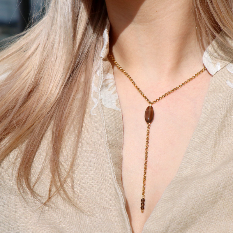 Collier Y quartz fumé ovale