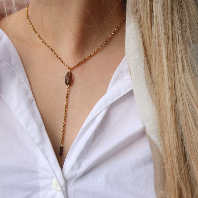 Collier Y quartz fumé ovale