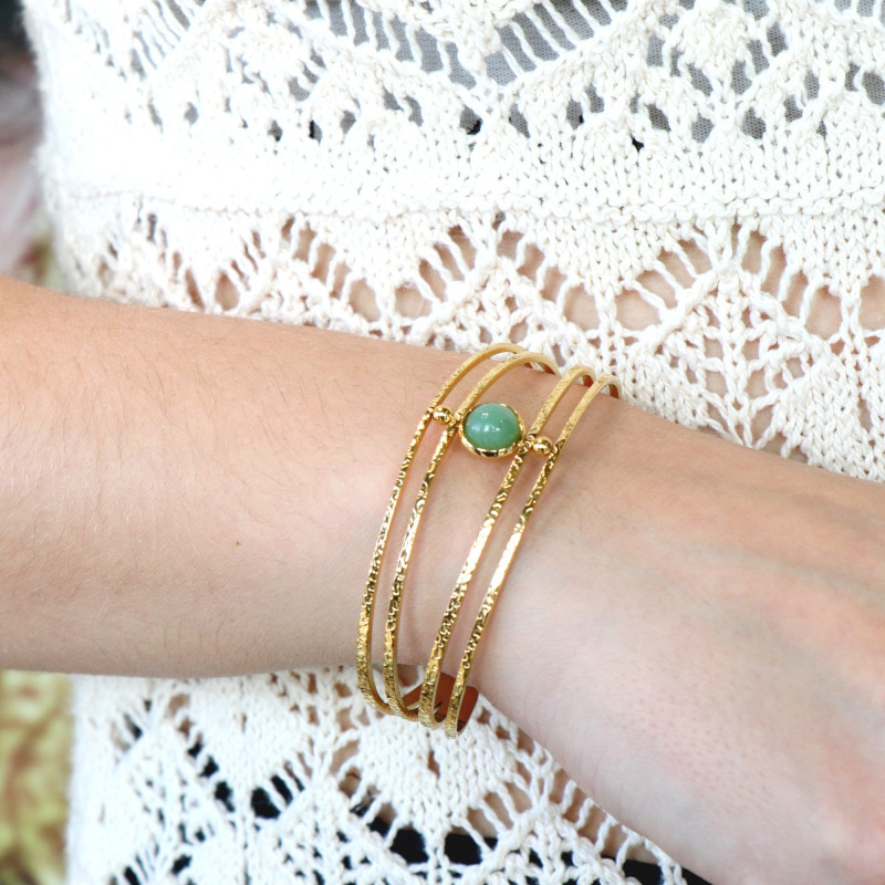 Jonc multi rangs aventurine acier doré