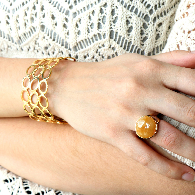 Bague ronde agate acier doré