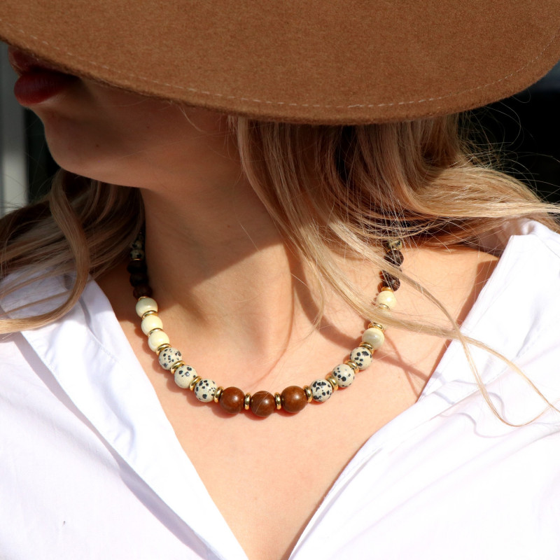 Collier jaspe, bois et céramique