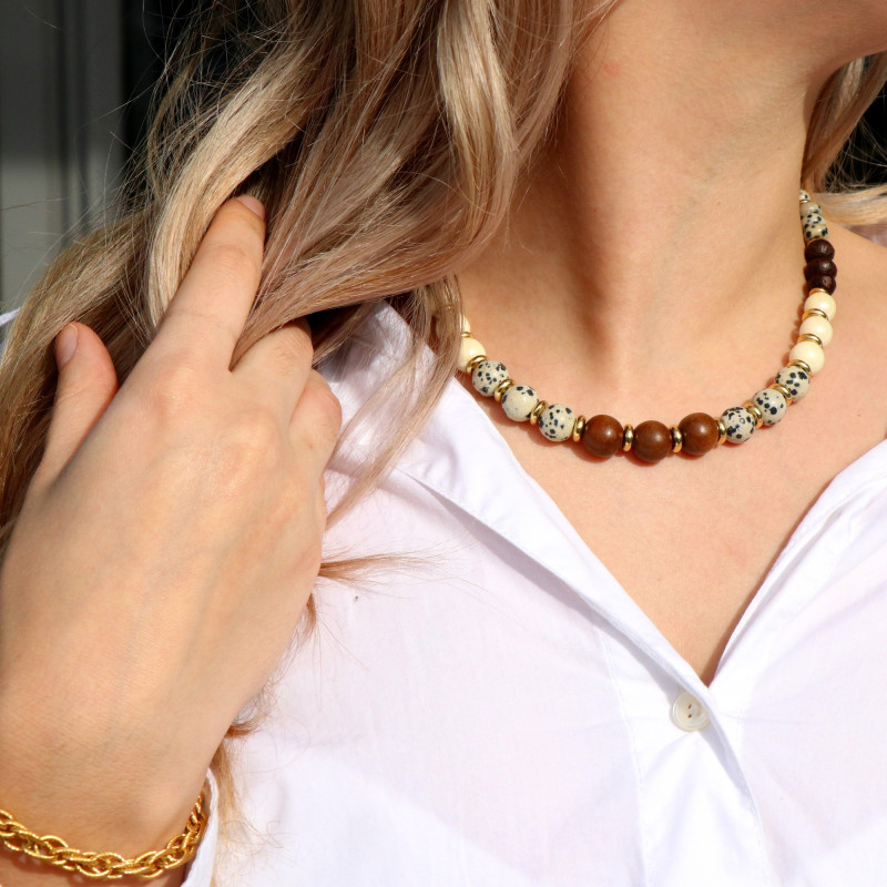 Collier jaspe, bois et céramique