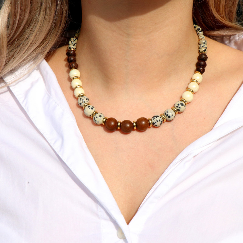 Collier jaspe, bois et céramique