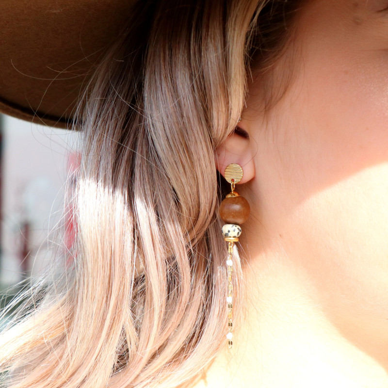 Boucles d'oreilles pendantes bois et jaspe