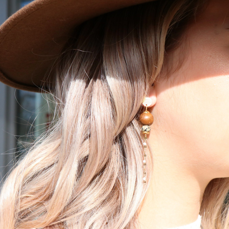Boucles d'oreilles pendantes bois et jaspe