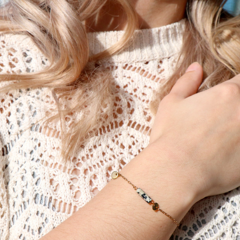 Bracelet acier tube jaspe dalmatien