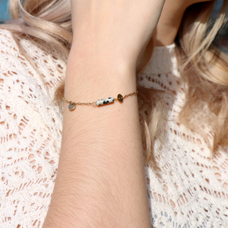 Bracelet acier tube jaspe dalmatien