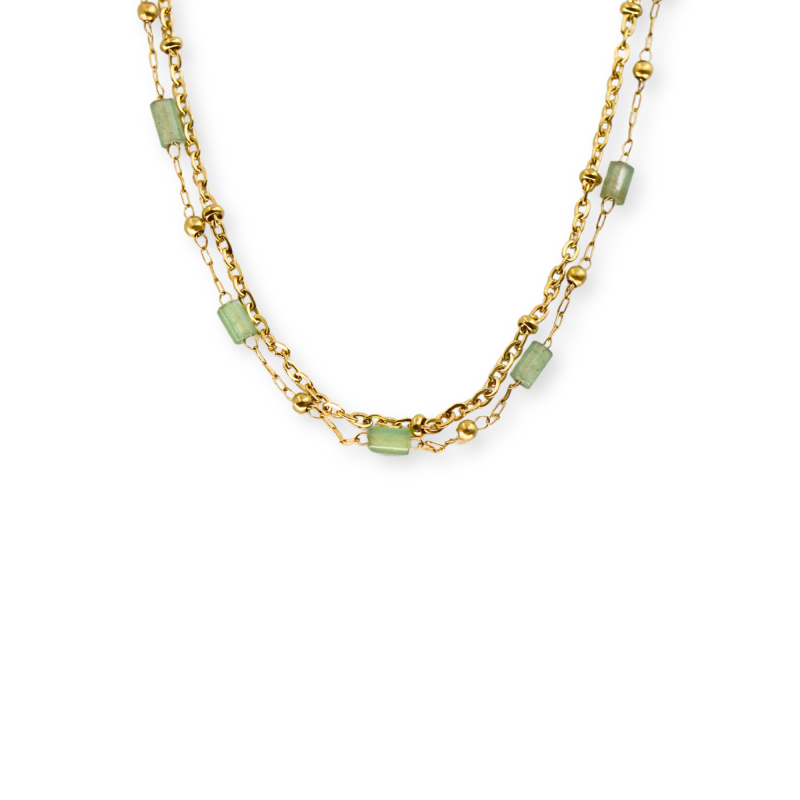 Collier double chaine aventurine acier doré