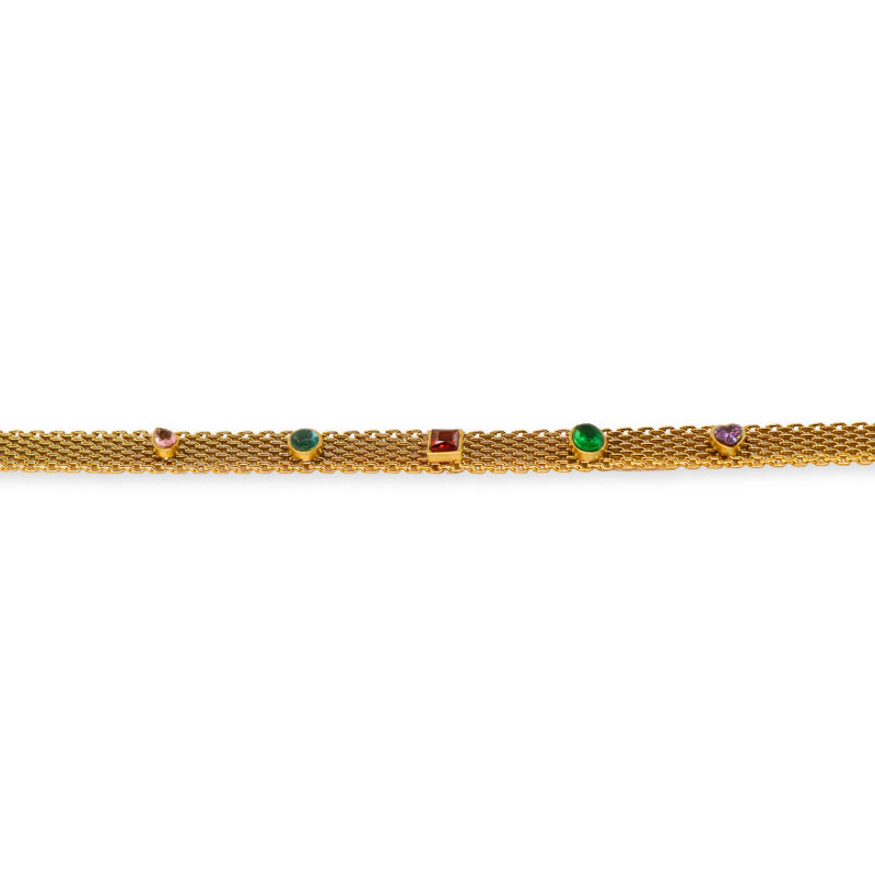 Bracelet maille plate zircons multicolores acier doré