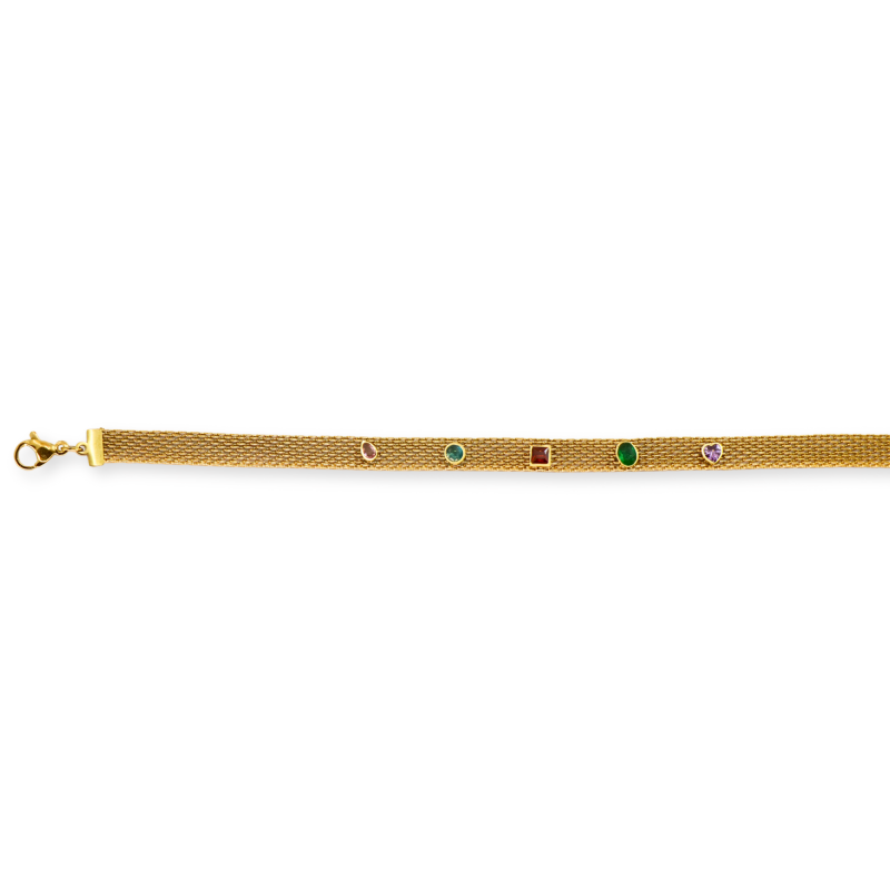 Bracelet maille plate zircons multicolores acier doré