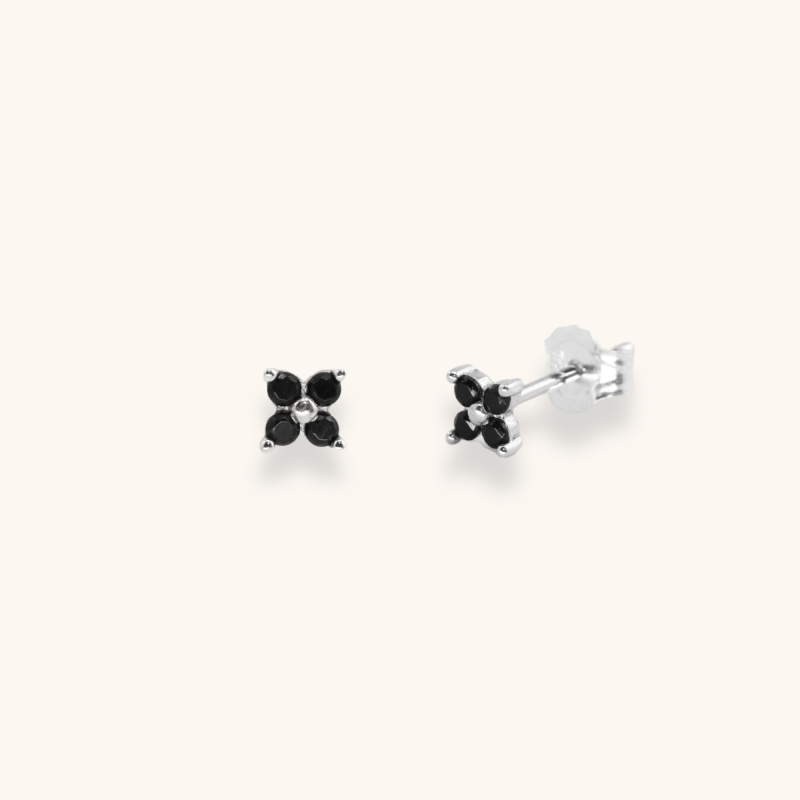 Puces mini fleur 4 oxydes noir argent 925