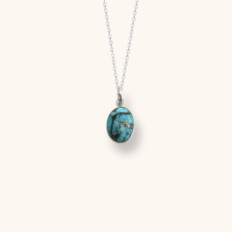 Pendentif ovale turquoise sur chaine - Argent