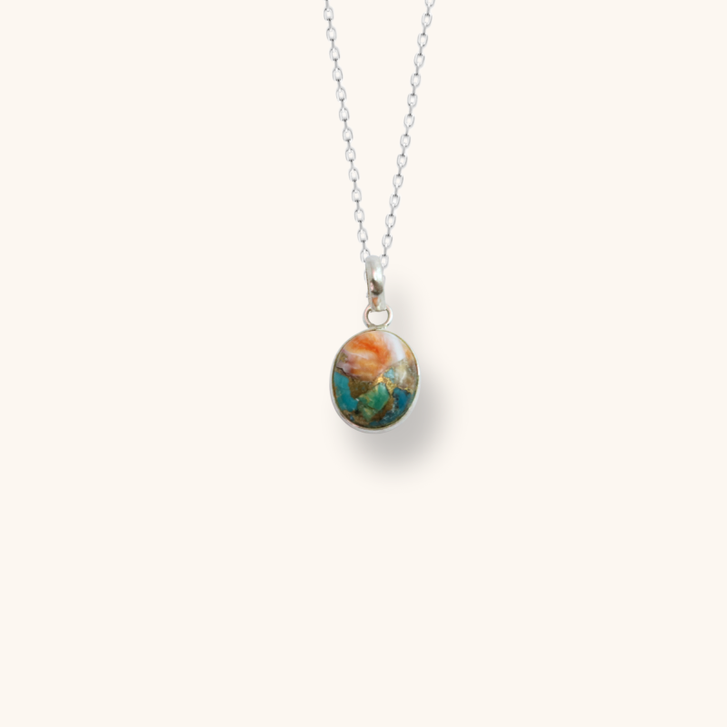 Pendentif ovale turq+coquille sur chaine - Argent