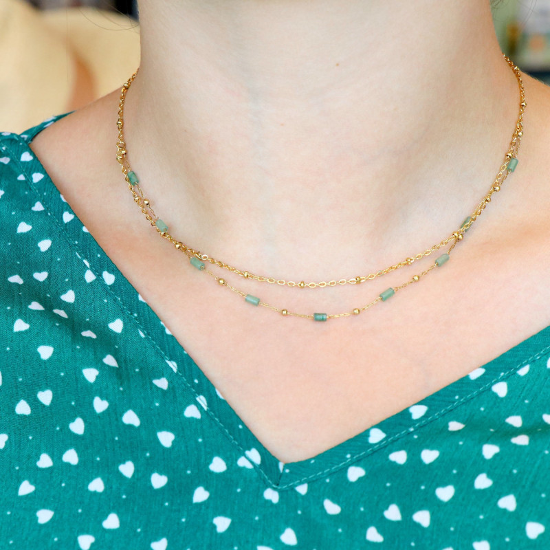 Collier double chaine aventurine acier doré