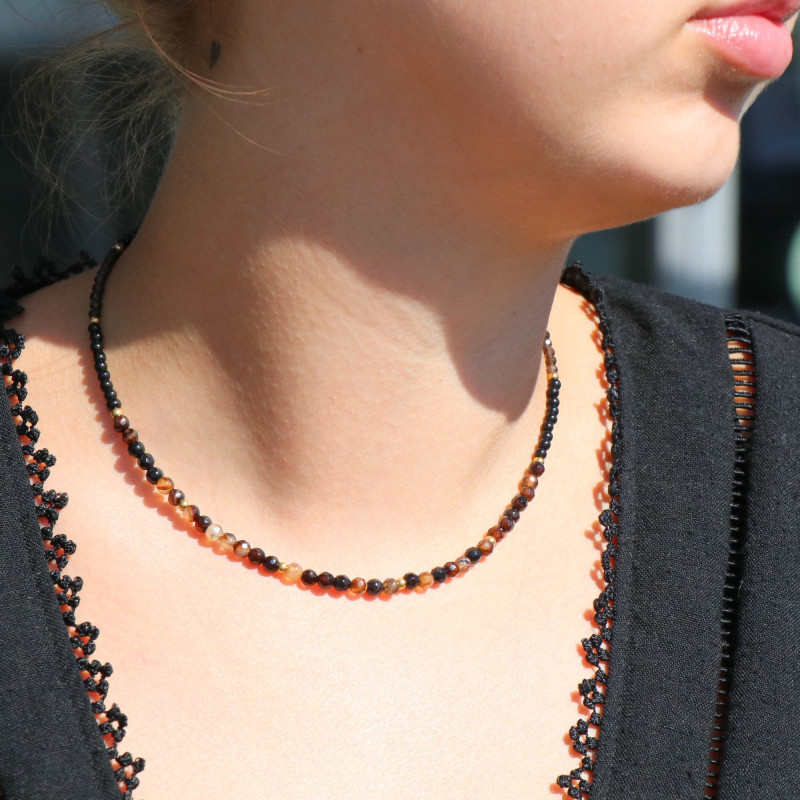 Collier perles onyx et agates marron