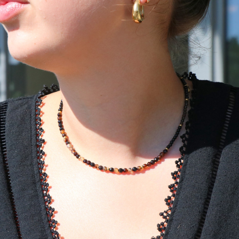 Collier perles onyx et agates marron