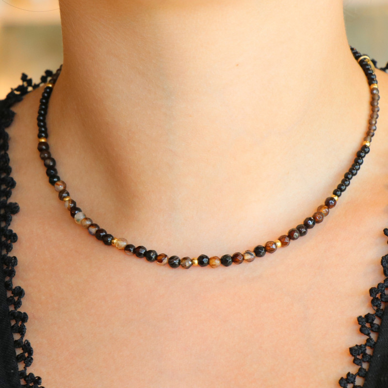 Collier perles onyx et agates marron