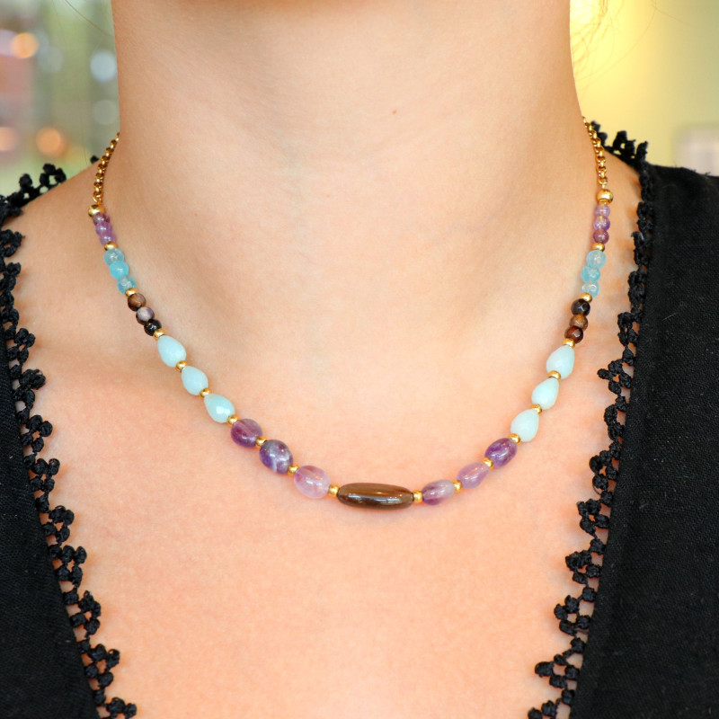 Collier quartz, améthyste et amazonite