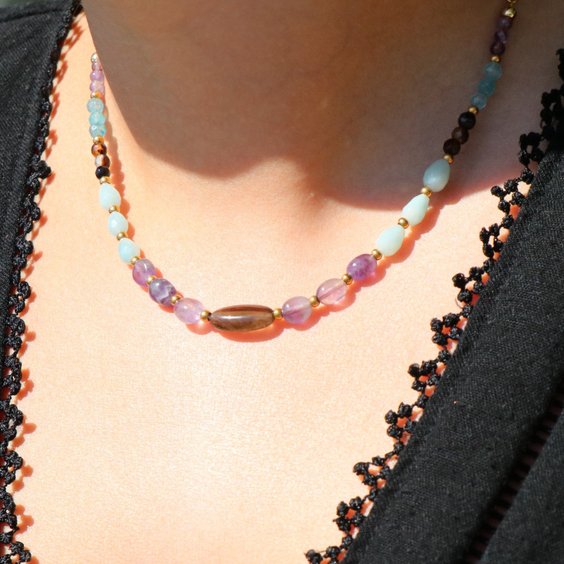 Collier quartz, améthyste et amazonite