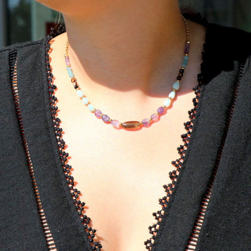 Collier quartz, améthyste et amazonite