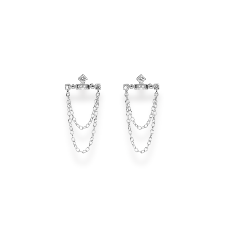 Puces barre oxydes double chaine argent
