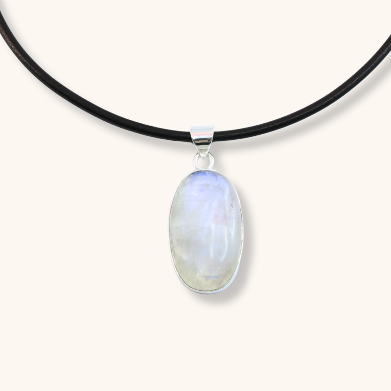Pendentif ovales pierre de lune sur cuir - Argent