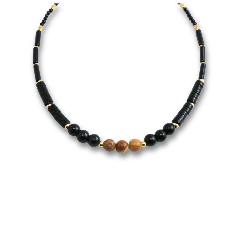 Collier complet perles agate noire et jaspe