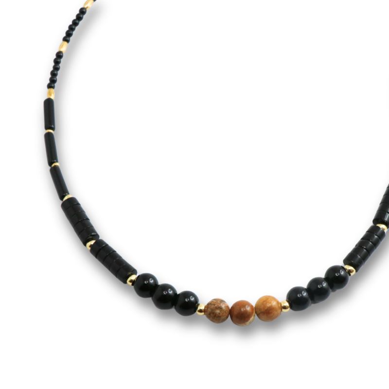 Collier complet perles agate noire et jaspe