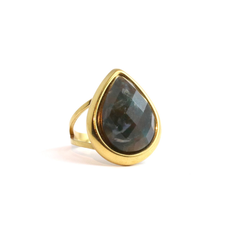 Bague goutte agate verte acier doré