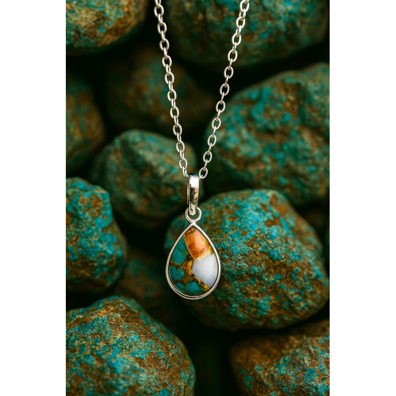 Pendentif goutte turq+coquille sur chaine - Argent