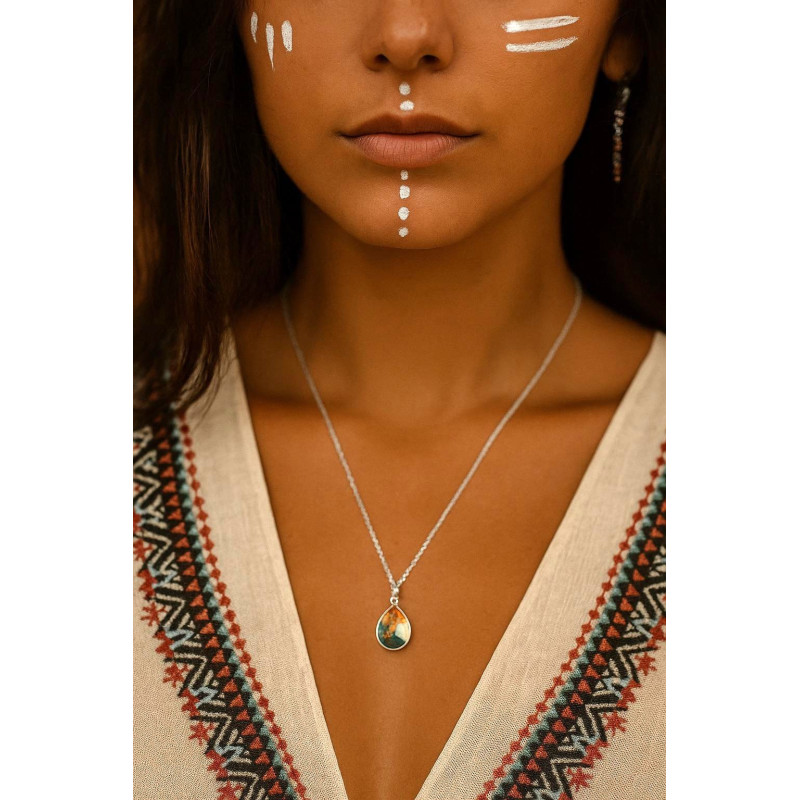 Pendentif goutte turq+coquille sur chaine - Argent
