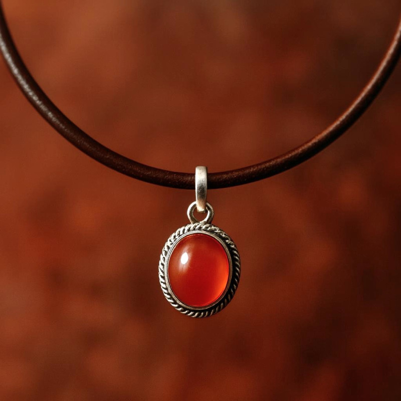 Pendentif rond ethnique cornaline sur cuir - Argent/acier
