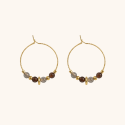 Créoles perles agate fumé acier doré
