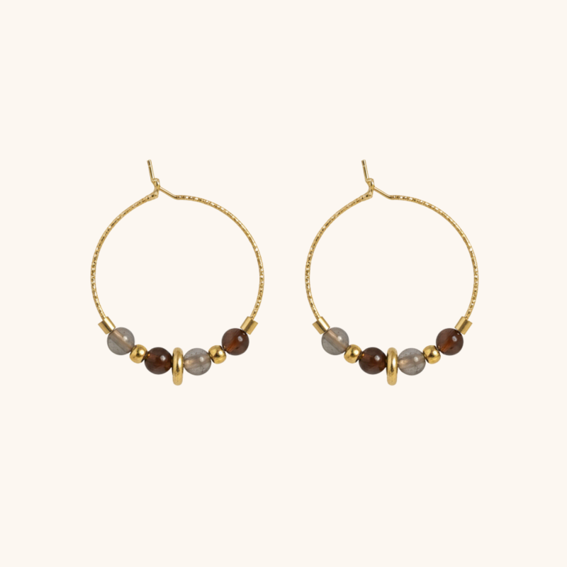 Créoles perles agate fumé acier doré