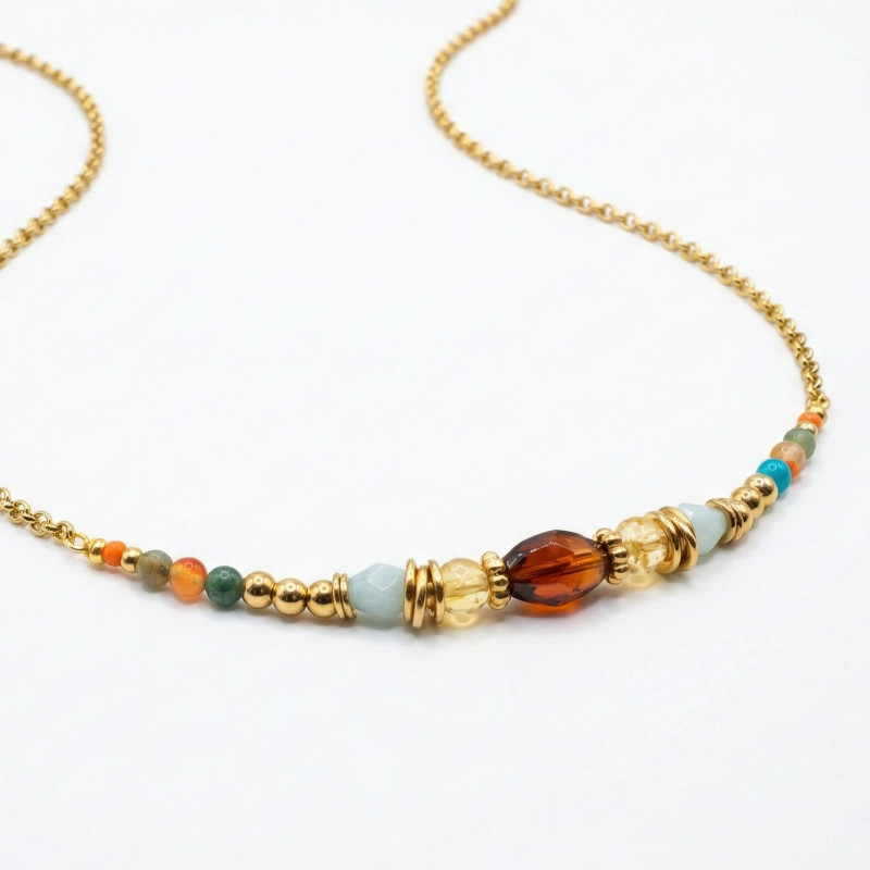 Collier agate orange, amazonite, citrine - acier doré