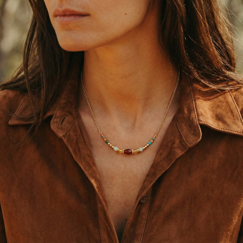 Collier agate orange, amazonite, citrine - acier doré