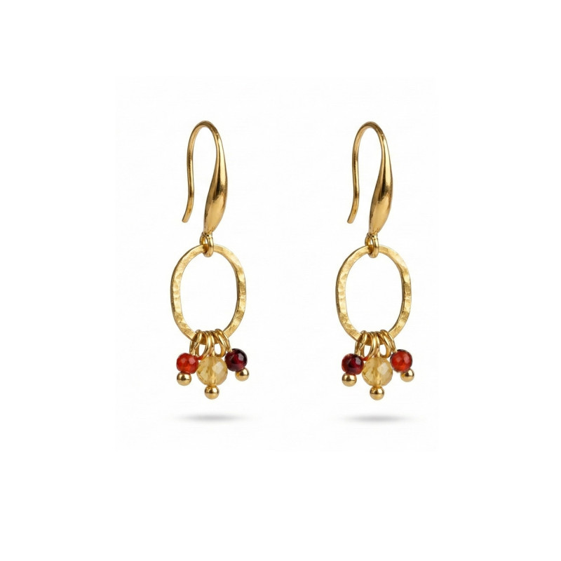 Boucles ovales martelée citrine, grenat - acier doré
