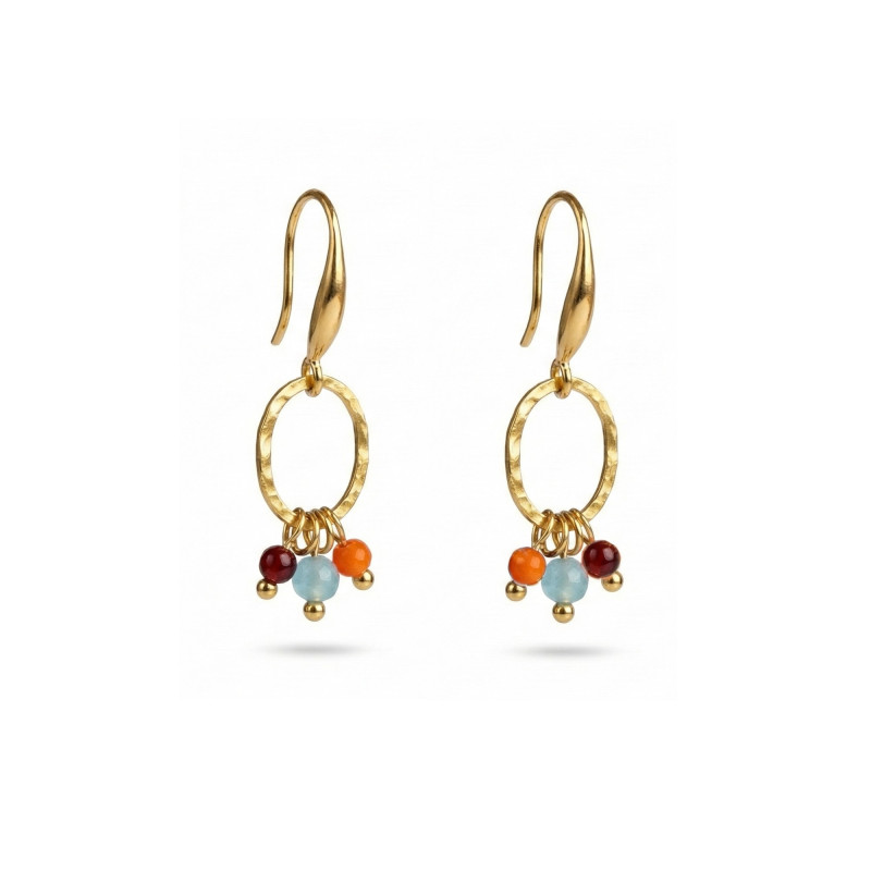 Boucles ovales martelée agate bleu, grenat - acier doré