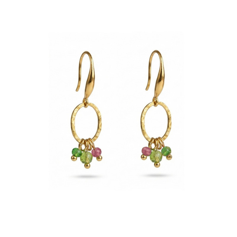 Boucles ovales martelée agate vert, quartz - acier doré