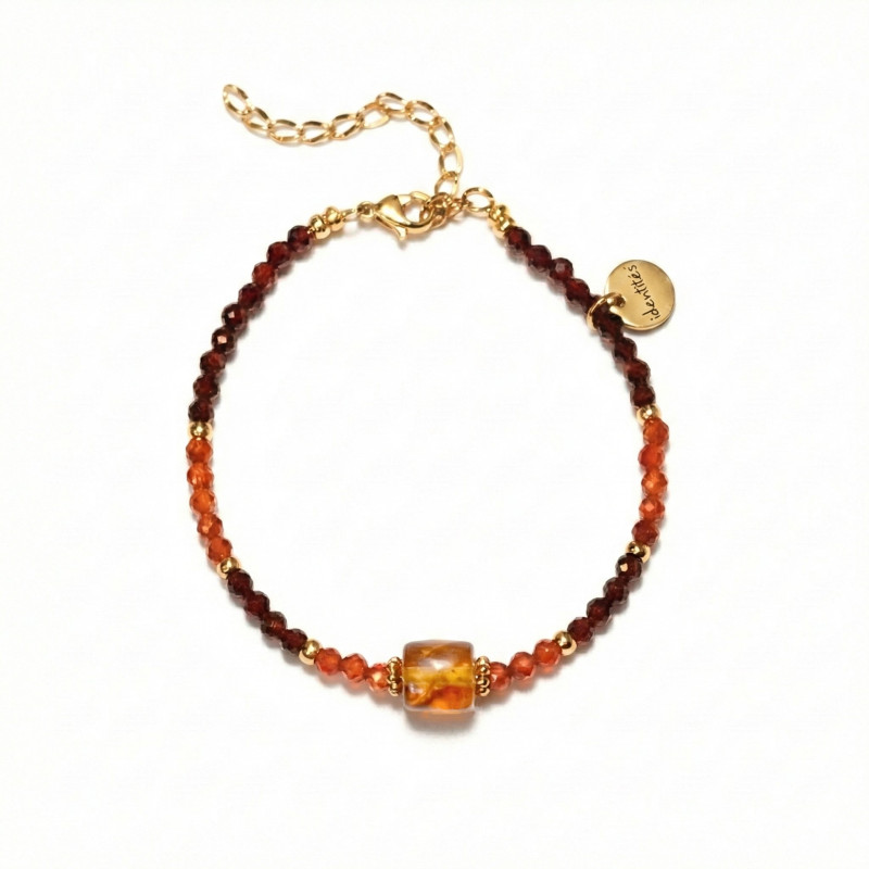 Bracelet carré cornaline, grenat - acier doré
