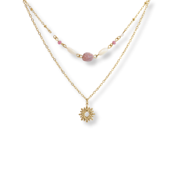 Collier double rangs rose, nacre - acier doré